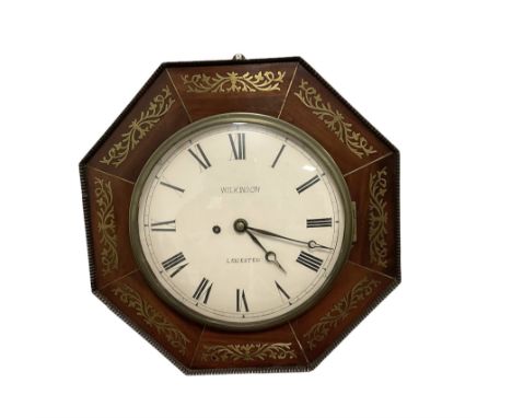 Wilkinson of Leicester - mid-19th century octagonal mahogany cased 8-day wall clock, dial surround inlaid with brass fretwork