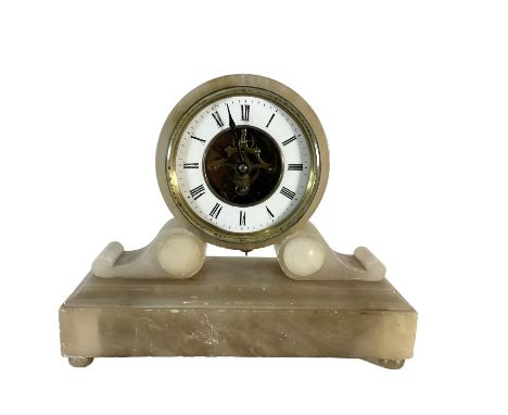 French - late 19th century 8-day mantle clock in an alabaster case,  with a drum movement raised on scroll supports and stepp