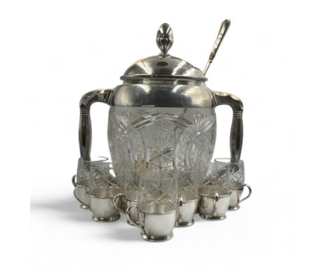 Art Deco German silver plate and cut glass punch bowl & cover, with ladle and twelve cut glass and silver plate cups, makers 