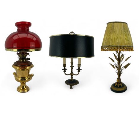 Italian mid century wheatsheaf design gilt and lacquer table lamp, on circular base with shade, H74cm overall, a three branch