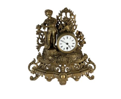19th century - French gilt spelter 8-day timepiece mantle clock, with an ornate rococo case on splayed feet, drum movement wi