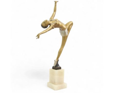 Art Deco cold painted spelter model of a female dancer, in the manner of Josef Lorenzl, raised upon a square section stepped 