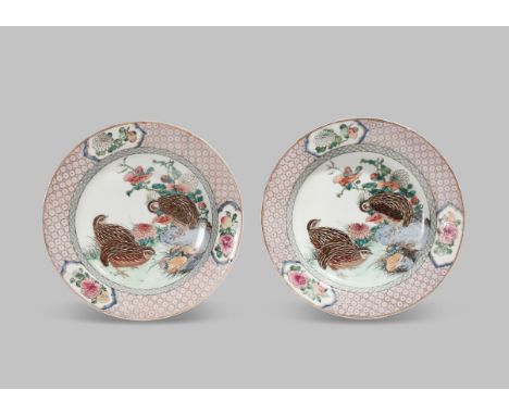 A PAIR OF CHINESE RUBY-BACKED 'THREE QUAIL' DISHES YONGZHENG 1723-35 Each finely painted to the centre with three quails amon