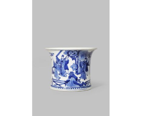 A CHINESE BLUE AND WHITE BITONG KANGXI 1662-1722 Painted with a continuous scene of figures on a terrace, with a band of dent
