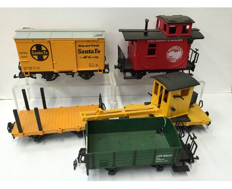LGB 4 x North American Freight Wagons and a Crane Truck - 44065 Lake George and Boulder Caboose, Yellow Crane Truck, a Sante 