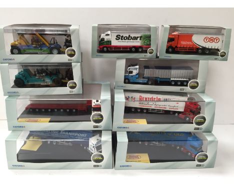 Nine Oxford Haulage 1/76 scale track-side diecast models, includes Knights of Old Scania R Series Topline Curtainside #SCA08C