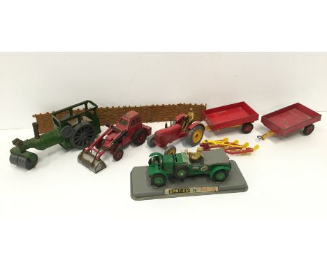 Triang Spot-On 4 1/2 Litre Supercharged Bentley together with Dinky Massey-Harris Tractor and five other models. Playworn and