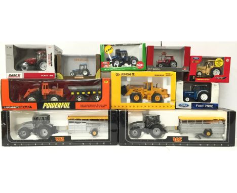 Ten tractor and construction vehicle models by ERTL, Britains, Universal Hobbies and others. Appear VG-M in F-E boxes.