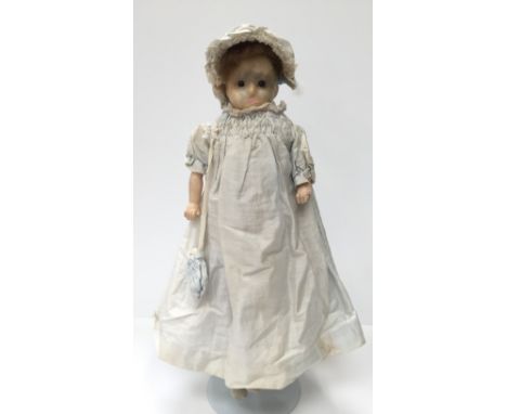 Wax shoulder-head doll with fixed brown eyes, painted features, dark blonde wig, composition forearms/legs and straw-filled c
