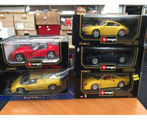 Five 1/18 scale diecast cars by Auto Art and Bburago, includes Auto Art Lamborghini Diablo. Appear VG and boxed (some wear to