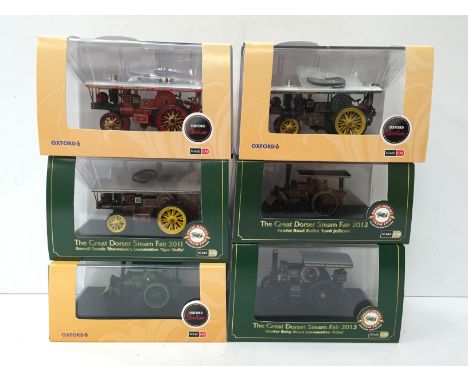 Three Oxford 'The Great Dorset Steam Fair' 1/76 scale track-side steam models, together with three Oxford Showtime Series tra