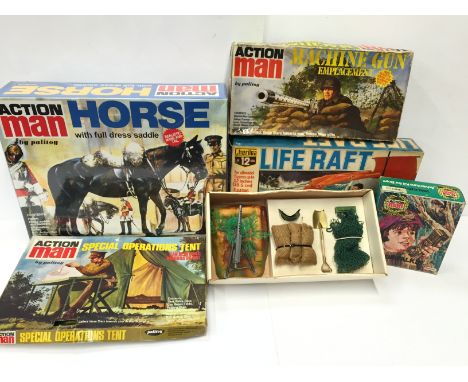 Three Palitoy Action Man sets: Action Man Patrol Walkie-Talkie Adventure Kit (G in G/F box); 34133 Machine Gun Emplacement wi