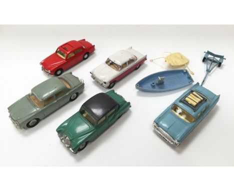 Five Triang Spot-On 1/42 scale cars: 157sl Rover 3-litre with lights (G); 101 Armstrong Siddeley 236 Sapphire (G+); 216 Volvo