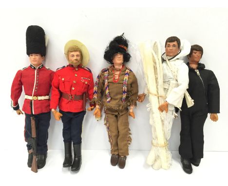 Five Palitoy Action Man 2nd type figures in uniform with gripping hands: Royal Canadian Mounted Police figure with blonde hai