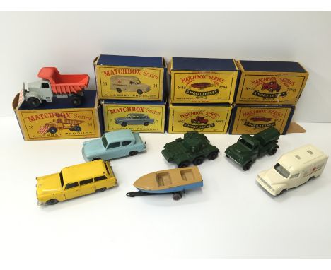 Seven Lesney Matchbox 1-75 series models: 48 Meteor Sports Boat; 31 Ford Station Wagon; 71 Army Water Truck; 67 Saladin Armou