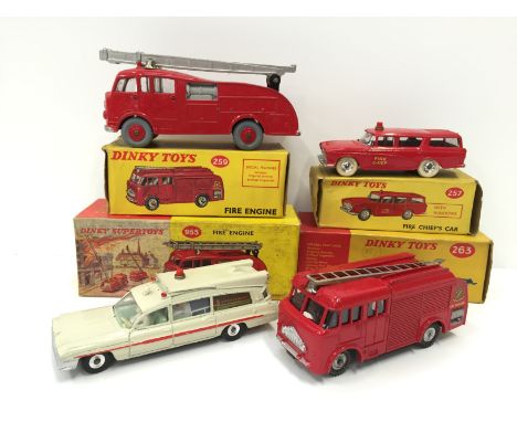 Four Dinky Toys Emergency Service models: 955 Fire Engine; 259 Fire Engine; 257 Fire Chief's Car (G-VG in F-G boxes); 263 Sup