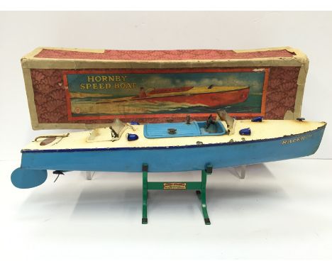 Hornby Speed Boat No.3 'Racer III': tinplate clockwork boat with light blue hull, cream deck and blue fittings, includes rudd