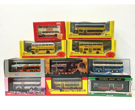 Ten diecast Chinese bus models by Gilbow, EFE, MBE and Drumwell Ltd, includes Drumwell Dennis Condor 11m air-conditioned Ltd.