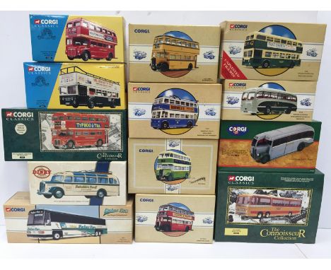 12 x Corgi Classics and one Matchbox Dinky Collection diecast bus models, appear E-M and boxed. (13)