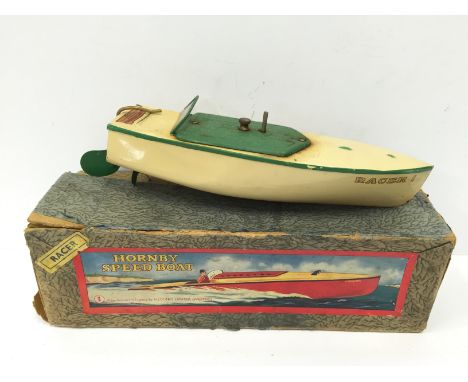 Hornby Speed Boat No.1 'Racer I': tinplate clockwork boat in cream and green with rudder, propeller and Hornby decal. Length 