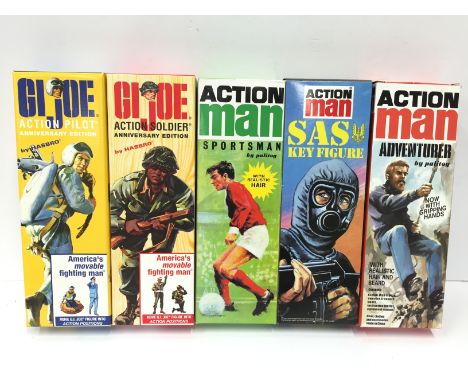 Three Hasbro reproduction Palitoy Action Man figures: #34053 Adventurer; #34012 Cricketer; SAS Key Figure. Together with two 