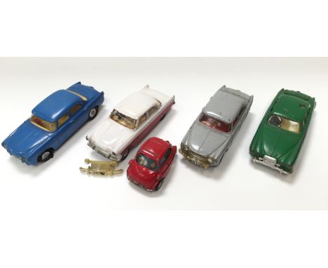 Five Triang Spot-On 1/42 scale cars: 218 Jaguar Mk10 (F); 157 Rover 3 Litre without lights (G/F); 100Sl Ford Zodiac with ligh