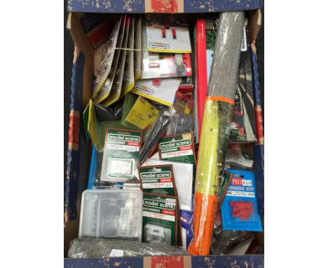 A tray containing a large number of Mint Packaged Scenic items by HORNBY, MODEL SCENE, WILLS, GILBOW, HARBURN HAMLET, PECO, G