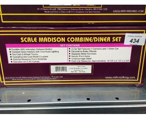 MTH 20-4152 O Gauge Union Pacific 2 Car 70' Madison Combine/Diner Passenger Set with 3 axle diecast Trucks and Couplers. Inte