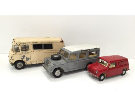 Three Triang Spot-On 1/42 scale models: 207 Wadham Ambulance (P, one back door missing); 161 Land Rover (G/F); 210/1 Morris M