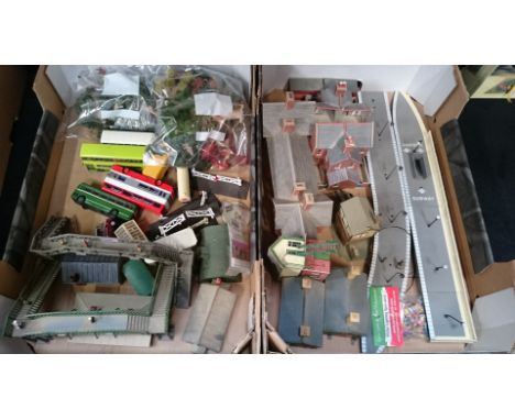 3 Trays containing Buildings and Scenic items - a PECO HST shed and 2 x overall canopies, a length of Hornby Platform with 8 