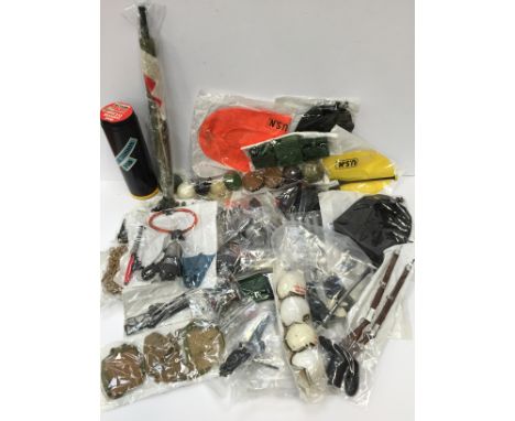 Good quantity of Palitoy Action Man accessories and weapons, includes Special Mission Pod, maps, radios, flags, caps, pistols
