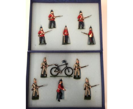 Patrick Campell Britains replica figures: Victorian Infantry On Guard/ Attention; Victorian Cycle Volunteers. Both sets with 