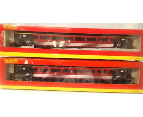 Two OO scale Hornby MK3 Virgin coaches; R4097B standard coach 12154, requires couplings and R4096C open 1st coach 11026. Both