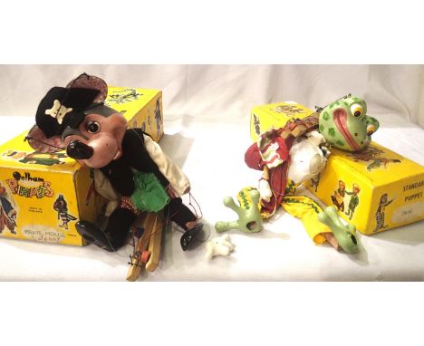 Pelham puppet pirate mouse, one hand detached (present) and a frog with a missing arm, both have boxes in fair condition, tap
