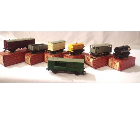 Hornby Dublo six, two or three rail wagons includes passenger fruit, 13 ton open, 6 ton fridge, Shell and Esso tankers, goods