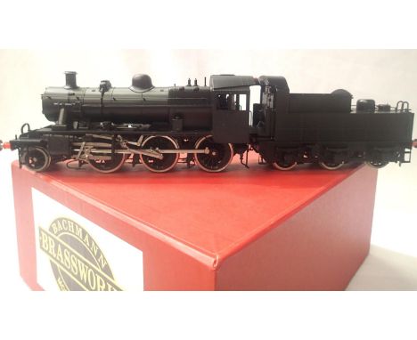 O gauge brass San Cheng, Bachmann brassworks class 2mt and tender, plain black. In excellent condition, with instructions, bo