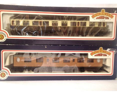 Two OO scale Bachmann coaches; 34-402 Thompson Comp, LNER brown and 34-051 Collett 3rd G.W.WR Choc/cream. Both in very good t