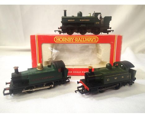 Three OO scale Hornby G.W.R locomotives; 1/2 cab pannier, some weathering to motion/wheels and detail, poor box. Plus two 0.4