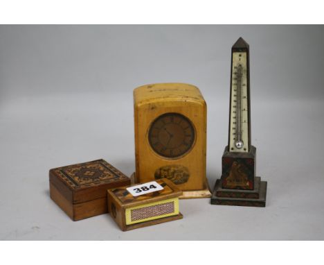 A Mauchlinware money box, a Tartanware thermometer and two boxes