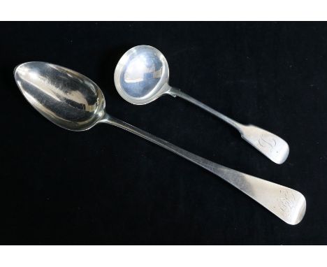 A George IV silver Old English pattern basting spoon, London, 1825 and a later silver sauce ladle, 6.5 oz.