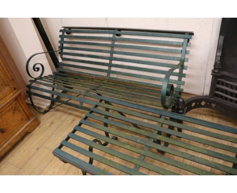 A garden bench and table, W.137cm & W.92cm