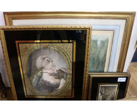Varin after Lavreince, 'Le Concert Agreable', coloured engraving and three other prints in verre eglomise frames, including a