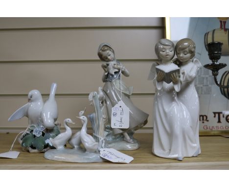 A Lladro figure of a girl with ducks, a Copenhagen figure  and a Nao figure and a Lladro figure (4)