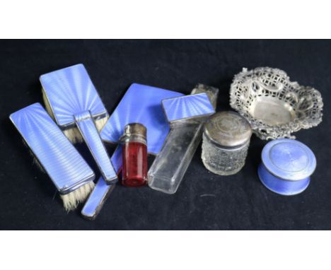 A Scandinavian silver and blue guilloche enamel toilet box and eight other items including brush set, scent bottle and dish.