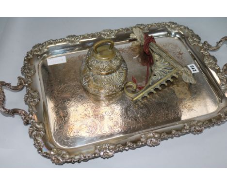 A silver plated tray, a brass bracket and a bell