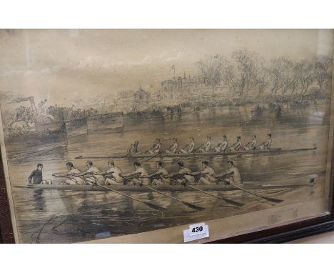 An 1877 University boat race lithograph 'Dead Heat', 41 x 64cm