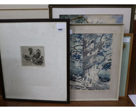 Beatrice Stella Pedder & Edward Enoch Anderson, etching of Hoydan Fowls and three assorted watercolours