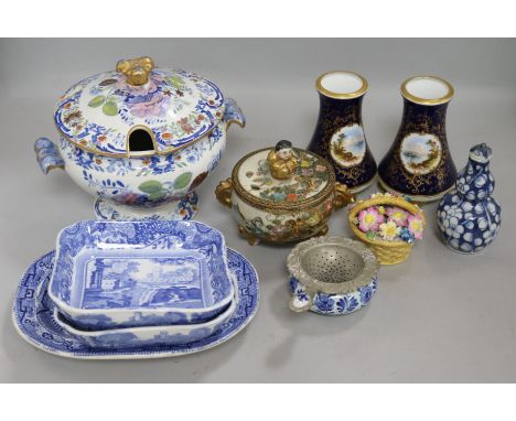 A Japanese pot, Spode vases and a dish, etc.