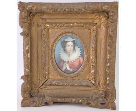 Continental School, 18th - 19th Century.  Miniature portrait of a young woman in high  collar and with a hat Gouache on Board