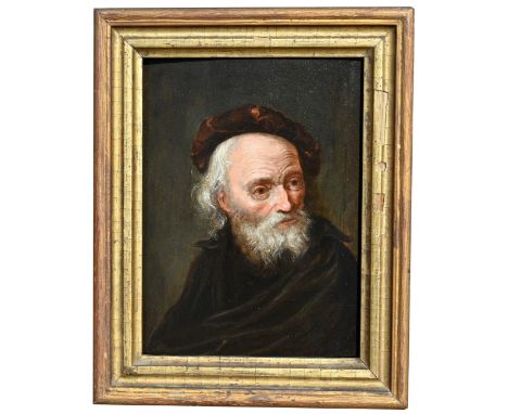 Follower of Rembrandt (17th - 18th Century)  Portrait of a bearded old man in a red beret. Oil on Panel. There is a letter wr